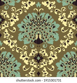Seamless vector pattern with Victorian style bird on brown background. Romantic damask wallpaper with peacock. Decorative vintage fashion textile.