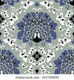 Seamless Vector Pattern With Victorian Style Bird On Blue Background. Romantic Damask Wallpaper With Peacock. Decorative Rococo Fashion Textile.