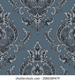 Seamless Vector Pattern With Victorian Style Wallpaper Design On Blue Background. Luxury Damask Wall Tile. Decorative Rococo Fashion Textile.