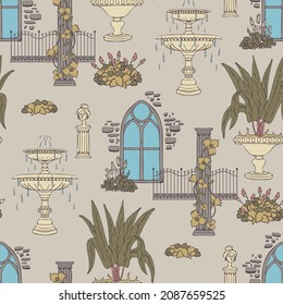 Seamless vector pattern with Victorian style garden on beige background. Vintage greenhouse wallpaper design. Decorative urban fashion textile.