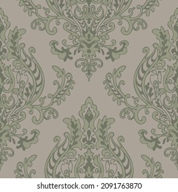 Seamless Vector Pattern With Victorian Style Wallpaper On Beige Background. Luxury Royal Floral Design. Decorative Antique Fashion Textile.