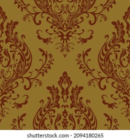 Seamless Vector Pattern With Victorian Style Wallpaper On Old Green Background. Luxury Royal Damask Home Decor. Decorative Vintage Antique Fashion Textile.