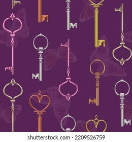 patrón vectorial transparente con claves victorianas vintage en un fondo con mariposas
