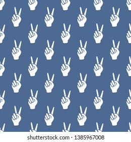 Seamless vector pattern with victory gesture. Two fingers raised up. Gesturing of peace and success. Design for textile, banner, poster or print.