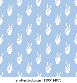 Seamless vector pattern with victory gesture. Two fingers raised up. Gesturing of peace and success. Design for textile, banner, poster or print.