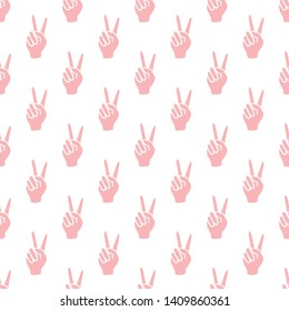 Seamless vector pattern with victory gesture. Two fingers raised up. Gesturing of peace and success. Design for textile, banner, poster or print.