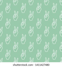 Seamless vector pattern with victory gesture. Two fingers raised up. Gesturing of peace and success. Design for textile, banner, poster or print.