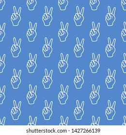 Seamless vector pattern with victory gesture. Two fingers raised up. Gesturing of peace and success. Design for textile, banner, poster or print.