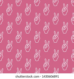 Seamless vector pattern with victory gesture. Two fingers raised up. Gesturing of peace and success. Design for textile, banner, poster or print.