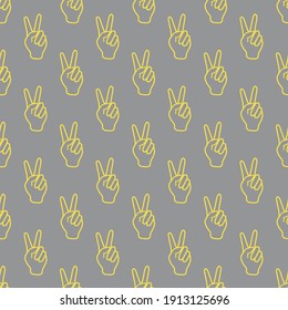 Seamless vector pattern with victory gesture. Two fingers raised up. Gesturing of peace and success. Design for textile, banner, poster or print. Illuminating and Ultimate Gray.