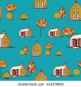 Seamless vector pattern. Village illustration. Modern houses on blue background.