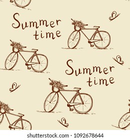 Seamless vector pattern with vintage bicycle with basket, flowers, lettering and butterfiles 