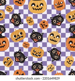Seamless vector pattern with vintage black cats and Halloween pumpkins on checked background. Perfect for textile, wallpaper or print design.
