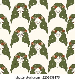 Seamless vector pattern with vintage bohemian illustration of forest witch with long green hair and floral diadem. 60s and 70s vibes psychedelic background. Meditating pagan woman texture