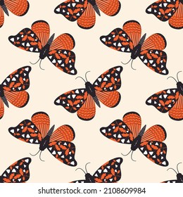 Patrón vectorial sin brillo con mariposas vectoriales vintage. Fondo con polillas folclóricas con flores, hojas y ramas. Insectos abstractos para textiles, papel de envoltura, papel tapiz