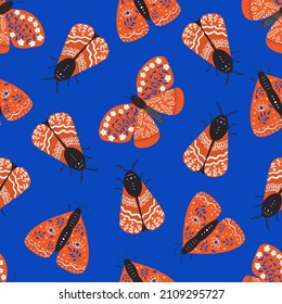 Seamless vector pattern with vintage vector butterflies. Background with folk moths with flowers, leaves and branches. Abstract insects for textile, wrapping paper, wallpaper