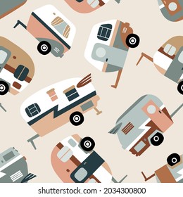 Seamless Vector Pattern With Vintage Camping Trailers. 