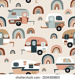 Seamless vector pattern with vintage camping trailers and cute rainbows.