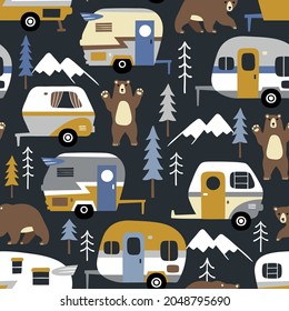 Seamless vector pattern with vintage camping trailers, bears and pine trees on dark blue background. Perfect for textile, wallpaper or print design.