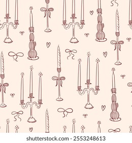 Patrón de Vector sin costuras con candelabros vintage en estilo de arte de línea contemporáneo. Fondo con candelabros elegantes dibujados a mano. Textura de Vector adornado para el Fondo de pantalla, papel de embalaje, diseño textil