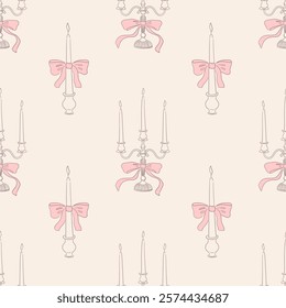 Seamless vector pattern with vintage candle holders in contemporary line art style. Background with hand drawn elegant candlesticks and pink bows. Ornate vector texture for wallpaper, wrapping paper