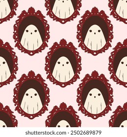 Seamless vector pattern with vintage carved mirror frame and creepy ghost reflection. Screaming halloween character background. Gothic wallpaper, wrapping paper, textile design