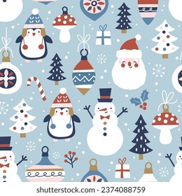 Seamless vector pattern with vintage Christmas ornaments, penguins, Santa Claus, snowflakes and snowy pine trees. Hand drawn  Christmas wallpaper design. Perfect for textile, wallpaper or nursery prin