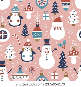 Patrón vectorial sin foco con adornos vintage de Navidad, pingüinos, Santa Claus, copos de nieve y pinos nevados. Diseño de fondo de pantalla de Navidad dibujado a mano. Perfecto para los tejidos, papel pintado o guardería