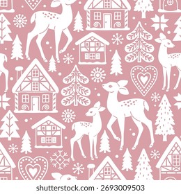 Seamless vector pattern with vintage Christmas deer and gingerbread houses. Hand drawn illustration of festive woodland and cute fawn. Perfect for textile, wallpaper or print design.
