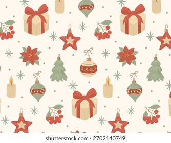 Patrón de Vector sin fisuras en estilo de Navidades vintage con poinsettia, adornos, regalos, velas, árboles, bayas y copos de nieve. Perfecto para envolver papel, textiles, decoración navideña, tarjetas y embalaje.