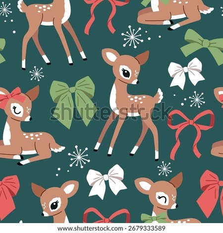 Seamless vector pattern with vintage Christmas deer and bows. Hand drawn cute fawn pattern. Perfect for textile, wallpaper or nursery print design. EPS10 vector file. 