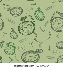 Seamless vector pattern with vintage clocks on a green background
