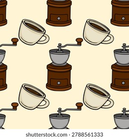 Seamless vector pattern of vintage coffee grinders and cups filled with dark coffee