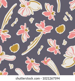 Seamless vector pattern with vintage cutout floral elements in pink, gold, cream with a dark grey background. 