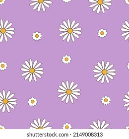 Seamless vector pattern with vintage daisy and camomile groovy flowers. Country floral background. Cute cartoon texture for surface design, wallpaper, wrapping paper, textile