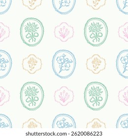 Seamless vector pattern with vintage floral emblems, including hand drawn pastel bouquets and flowers in frames on light background. Spring design