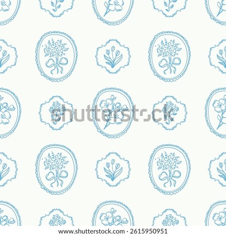 Seamless vector pattern with vintage floral emblems, including hand drawn bouquets and single flowers in frames on light background. Spring design