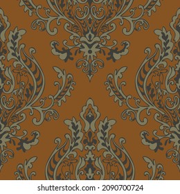 Seamless Vector Pattern With Vintage Flower Bloom On Brown Background. Floral Victorian Style Wallpaper Design. Decorative Baroque Fashion Textile.