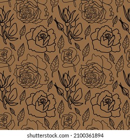 Seamless vector pattern with vintage flowers in black line on kraft background. Minimalist,botanical doodle style print. Design for textiles, wraprapping paper, packaging, social media, scrapbook. 