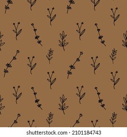 Patrón vectorial sin foco con flores vintage en línea negra sobre fondo kraft. Impresión de estilo doodle botánico y minimalista. Diseño para textiles, papel de envoltura, embalaje, medios sociales, libro de recortes. 