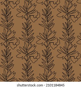 Seamless vector pattern with vintage flowers in black line on kraft background. Minimalist,botanical doodle style print. Design for textiles, wraprapping paper, packaging, social media, scrapbook. 