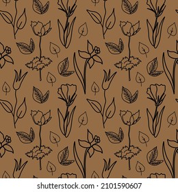 Seamless vector pattern with vintage flowers in black line on kraft background. Minimalist,botanical doodle style print. Design for textiles, wraprapping paper, packaging, social media, scrapbook. 