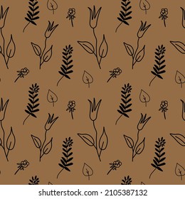 Seamless vector pattern with vintage flowers in black line on kraft background. Minimalist,botanical doodle style print. Design for textiles, wraprapping paper, packaging, social media, scrapbook. 