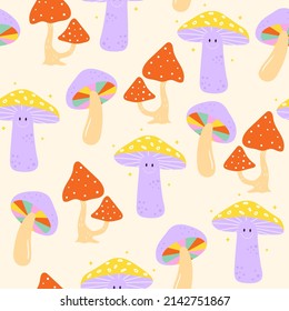 Seamless vector pattern with vintage funky mushrooms. Psychedelic background with poisonous toadstools. Fun hippie texture for surface design, wallpaper, wrapping paper, textile