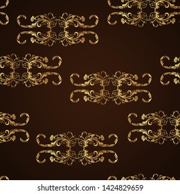 Seamless vector pattern with vintage gold elements on brown background.