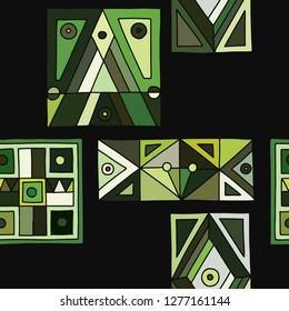 Seamless vector pattern. Vintage green geometrical hand drawn background with etnic elements. Retro print for background, wallpaper, packaging, wrapping, fabric. Tribal grafhic old design