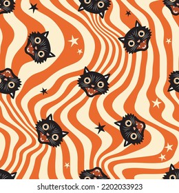 Seamless vector pattern with vintage Halloween black cats on wavy background. Perfect for textile, wallpaper or print design.