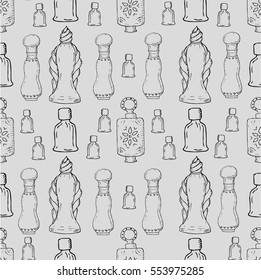Seamless vector pattern. Vintage hand drawn perfume bottles pattern on the light grey background.
