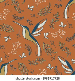 Seamless vector pattern with vintage hummingbird on orange background. Simple romantic floral wallpaper design. Decorative tropical bird fashion textile.