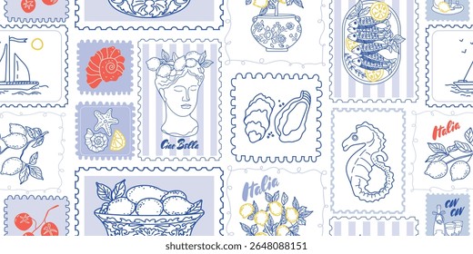 Seamless vector pattern with vintage Italy stamps and Amalfi coast elements. Lemons, lobster, boat, and sea in retro postcard style. Great for summer designs, travel branding, packaging, and fabric.